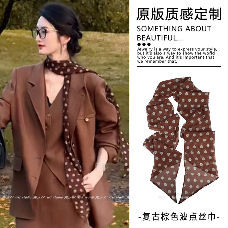 Hong Kong Style Retro Polka Dot Silk Scarf Paired with a Shirt, Artistic Tie Accessory, Long Neck Accessory, Unique New Ribbon for Women