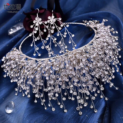 Youlapan European and American wedding dress large crown headdress wedding three-piece set bride's atmospheric encrypted rhinestone hair accessories HP193