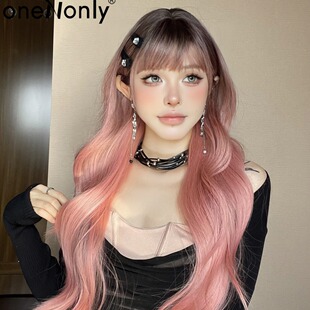 European and American Internet Celebrous Explosive Wig Women's Medium and Long Curly Hair White Brown Gradient Pink Big Wave Natural Bang