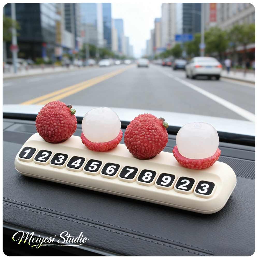 Tarjeta telefónica de movimiento de automóviles, tarjeta de estacionamiento temporal de frutas de litchi, adornos creativos de automóviles