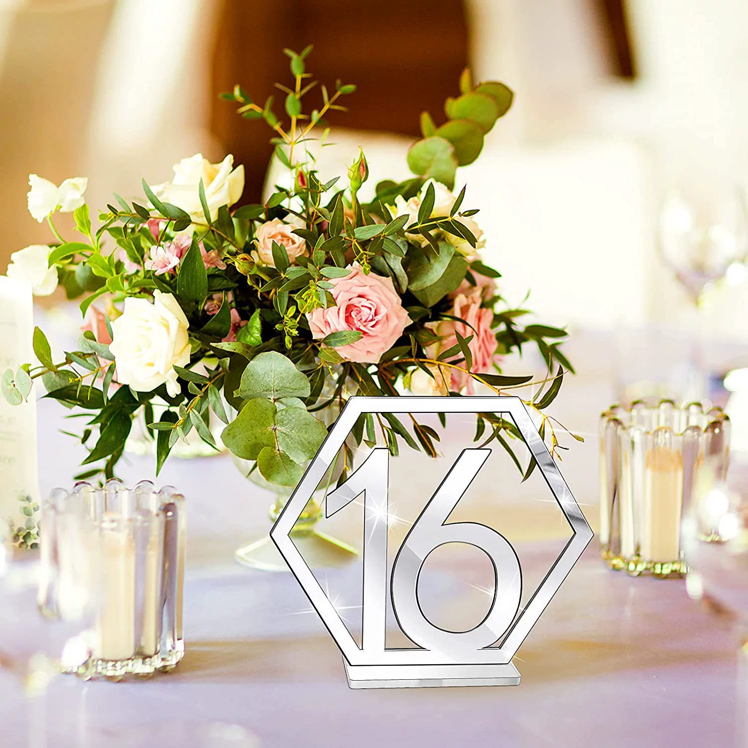 Acrylic mirrored wedding place card hexagonal hollow number 1-40 seat card for cafe wedding reception