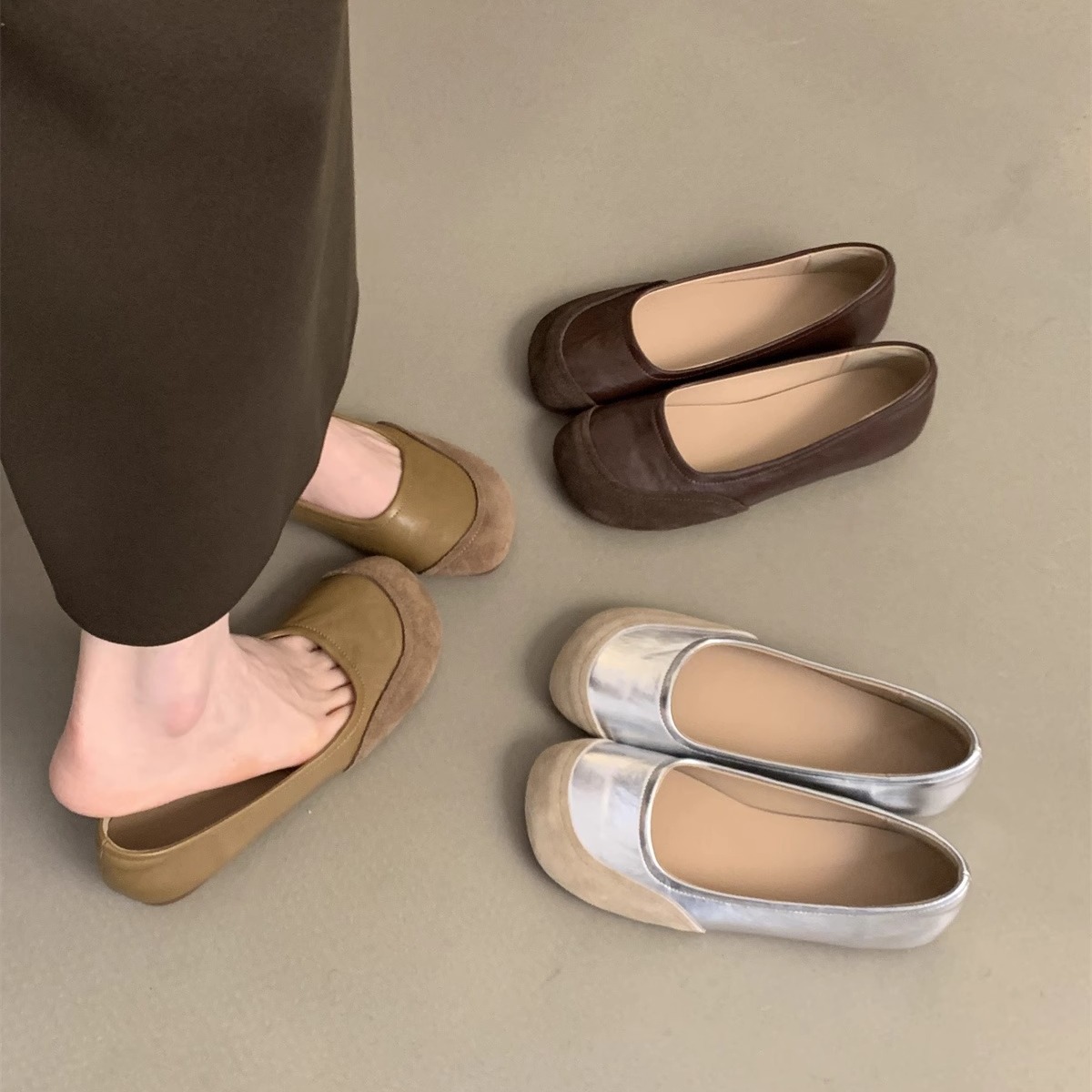 Retro cabeza redonda superficial zapatos de una sola mujer primavera y otoño nuevo estilo coreano de estilo francés de noche un pedazo de zapatos casuales Bean