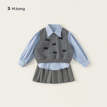 宥宝童装韩系秋装新款儿童衣服女孩子马甲三件套百褶裙女童套装