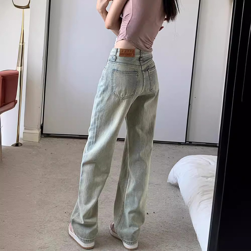 American Style Retro High Street Yellow Mud Narrow Wide Leg Jeans Women's Spring and Autumn Light Color Loose Straight High Waist Slimming Pants