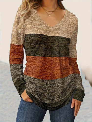 Women's European and American new fashionable casual V-neck color matching long-sleeved T-shirt