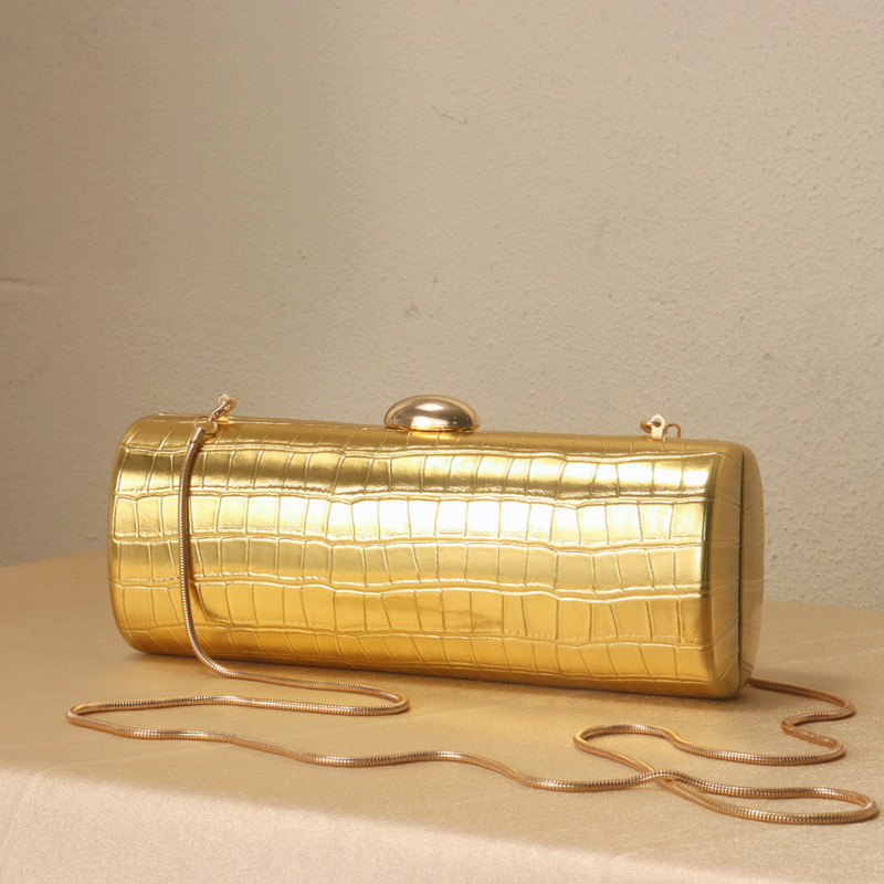 Gold Crocodile-Patterned Evening Bag, European and American Style Cylindrical Clutch Bag, Bride's Wedding Bridesmaid Dress Bag, Versatile