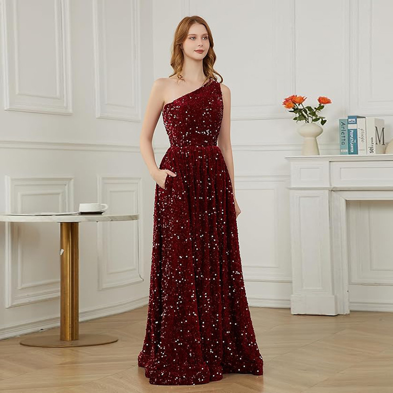 Amazon Foreign Trade Women's Sequin Bridesmaid Dress Sleeveless One-Shoulder Evening Dress Prom Dress Evening Reception Dress for Women