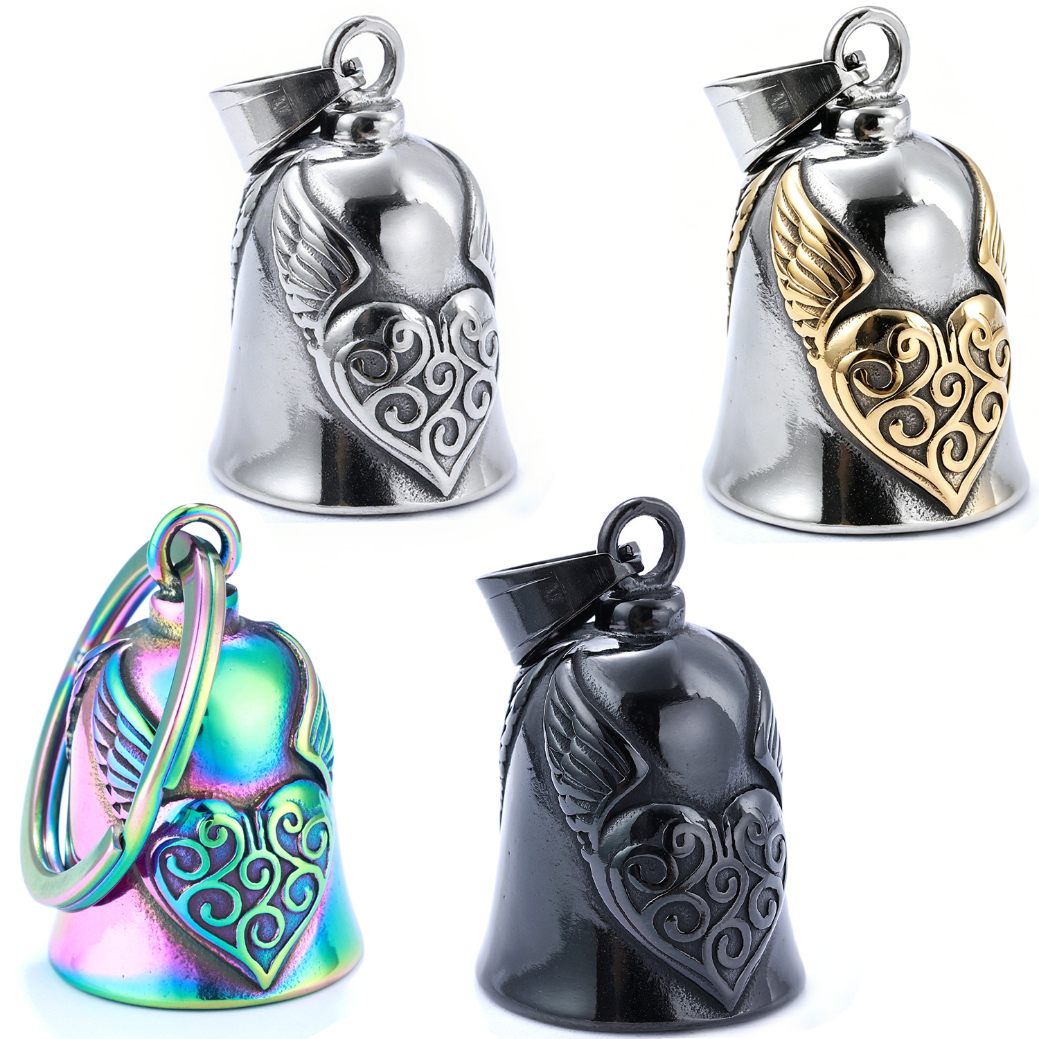 Campana de ala en forma de corazón de acero inoxidable, estilo europeo y americano, personalizada, retro, negra, para motocicleta, con diseño de ángel de la guarda.