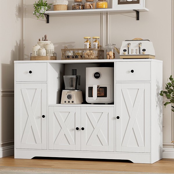 Modern Minimalist Sideboard with Four Barn Doors, Two Drawers, White Color, Large Capacity Open Storage, Portable Dining Room Modern Minimalist Sideboard with Four Barn Doors, Two Drawers, White Color, Large Capacity Open Storage, Portable Dining Room