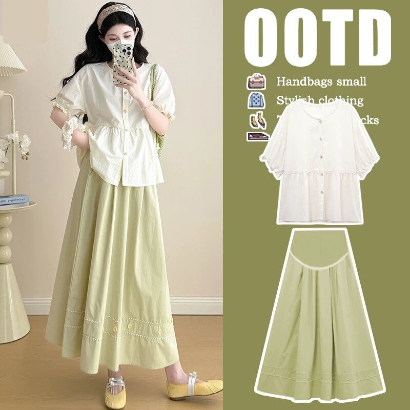 Maternity Skirt Summer Light Green Fresh Style Skirt Set Round Neck Age-Reducing Babydoll Top Two-Piece Set Summer Maternity Skirt Summer Light Green Fresh Style Skirt Set Round Neck Age-Reducing Babydoll Top Two-Piece Set Summer