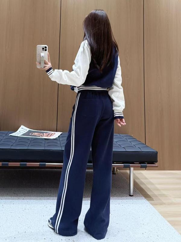 秋季撞色拼接休闲套装时尚百搭运动上衣外套南油女遮肉显瘦阔腿裤|undefined