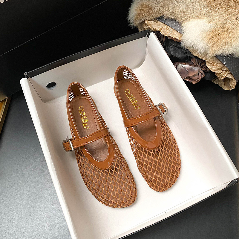 Flat Hollow Summer New Sandals Women's Fishnet Shoes Mesh Shoes 2025 Mary Jane Shoes Ballet Shoes Women