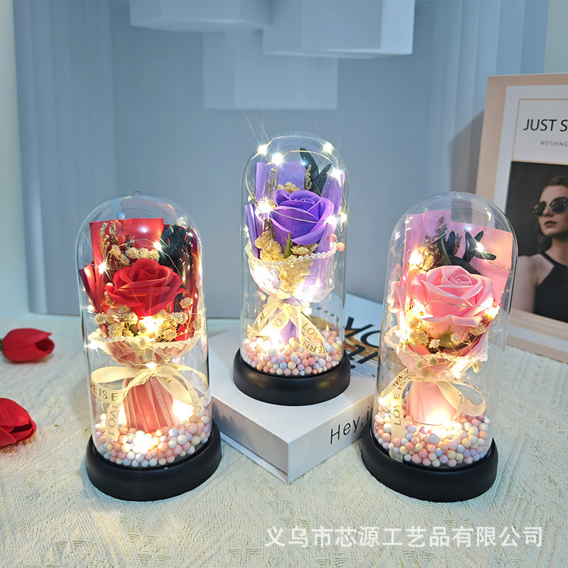 母の日 バレンタインデー ギフト バラ カーネーション チューリップ ソープ ガラス カバー ランプ 完成した花束 不滅の花|undefined