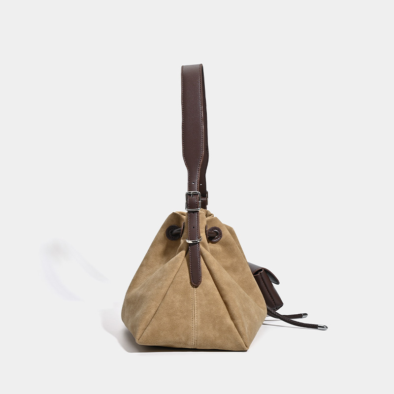 Vintage Suede Commuter Tote Bag For Women, Large Capacity Pleated Bucket Bag, Casual Versatile Shoulder And Crossbody Bag - Thumbnail 3