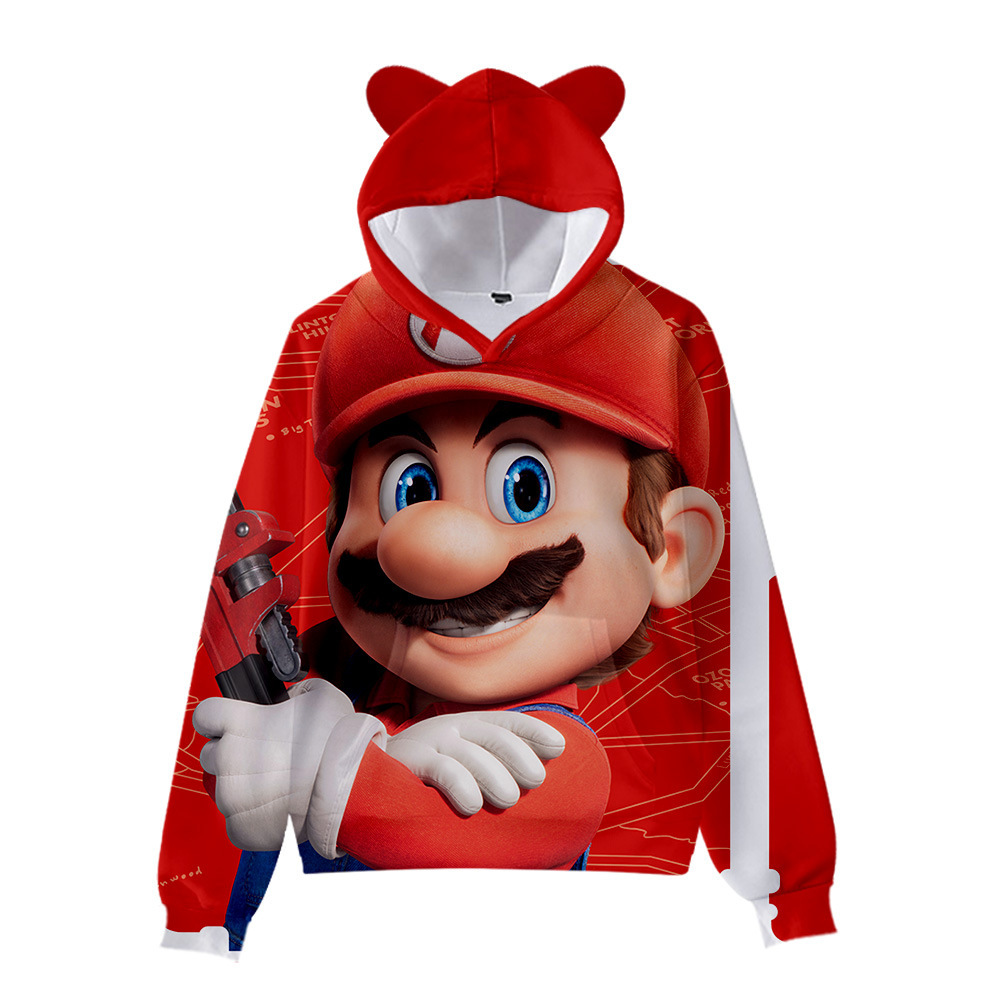 3D电影马力欧兄弟Super Mario马里奥猫耳朵套头连帽带帽卫衣