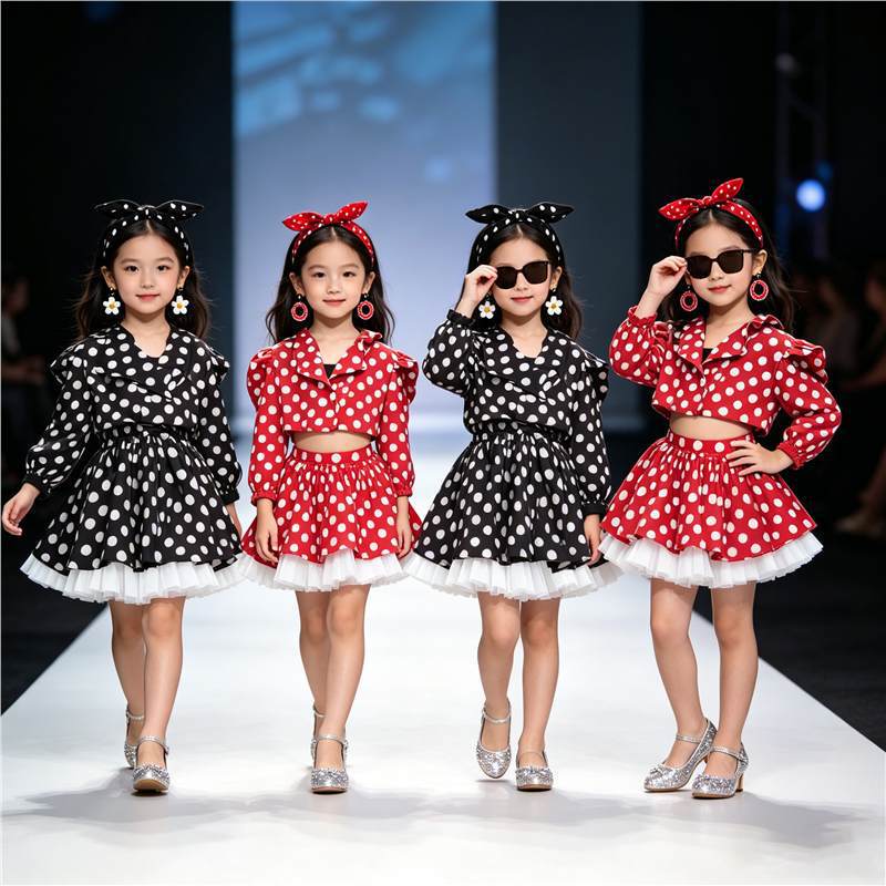 90s children's nostalgic Hong Kong style retro runway show with fluffy skirts, performance costumes, trendy outfits for girls, and dance attire