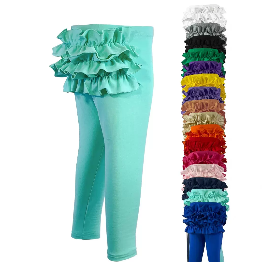 多色欧美外贸 弹力棉儿童长裤leggings 褶皱花边裤