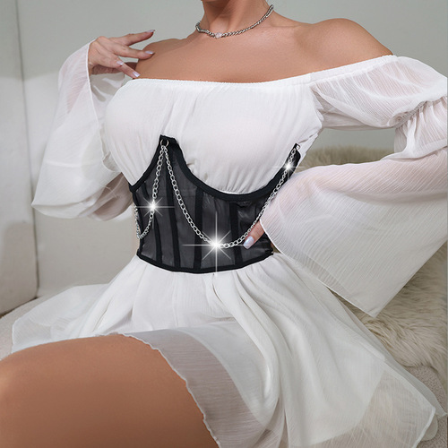 European and American style mesh splicing chain sexy underwear wrapped around the chest and waist, slim and sexy with fishbone steel ring girdle