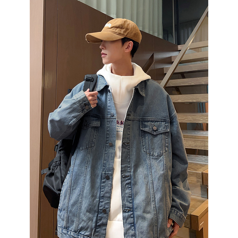 밍지 | 2024 가을/겨울 새로운 느슨한 세탁 데님 재킷 남자 홍콩 스타일 레트로 패션 브랜드 조커 재킷