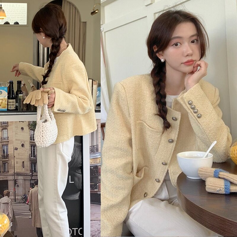 Korean-style, Instagram-worthy, autumn/winter, French retro, chic, and flattering lemon-yellow tweed wool blazer
