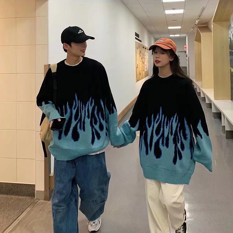 Ins European and American Hip-Hop Retro Flame Jacquard Pullover Sweater Men's Trendy Brand Hip-Hop Bf Lazy Style Couple's Knitted Sweater Ins European and American Hip-Hop Retro Flame Jacquard Pullover Sweater Men's Trendy Brand Hip-Hop Bf Lazy Style Couple's Knitted Sweater