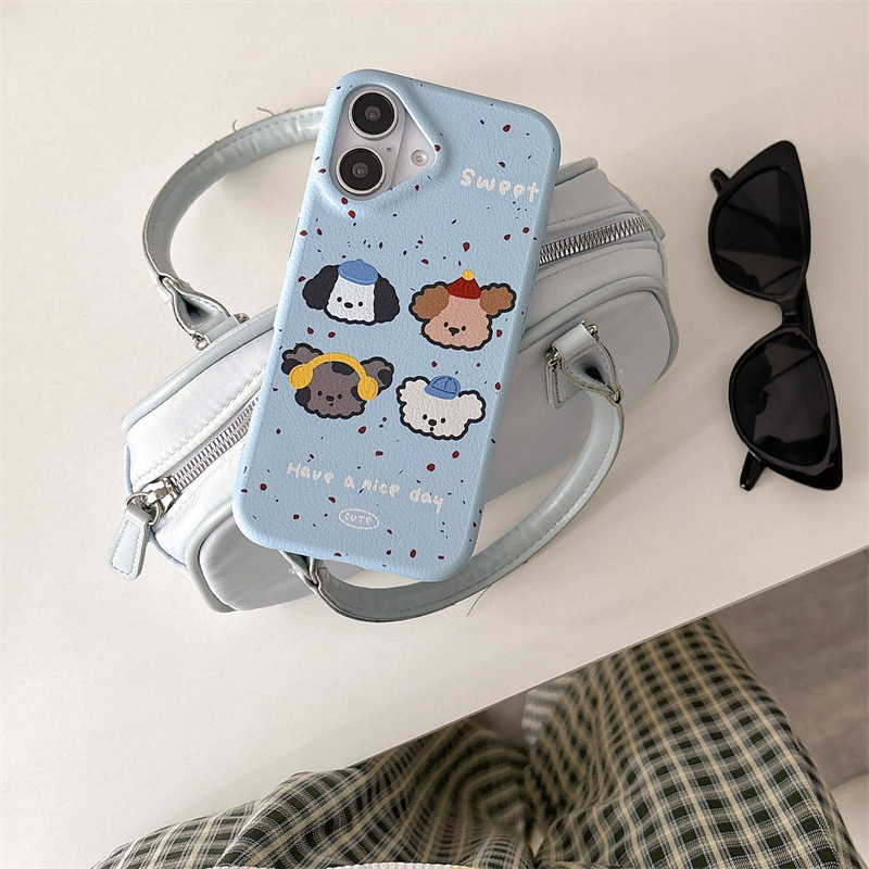 Cachorro de dibujos animados de cuero azul con salpicaduras de tinta para iPhone16promax funda para teléfono móvil 14 Apple 15P femenino 13/12