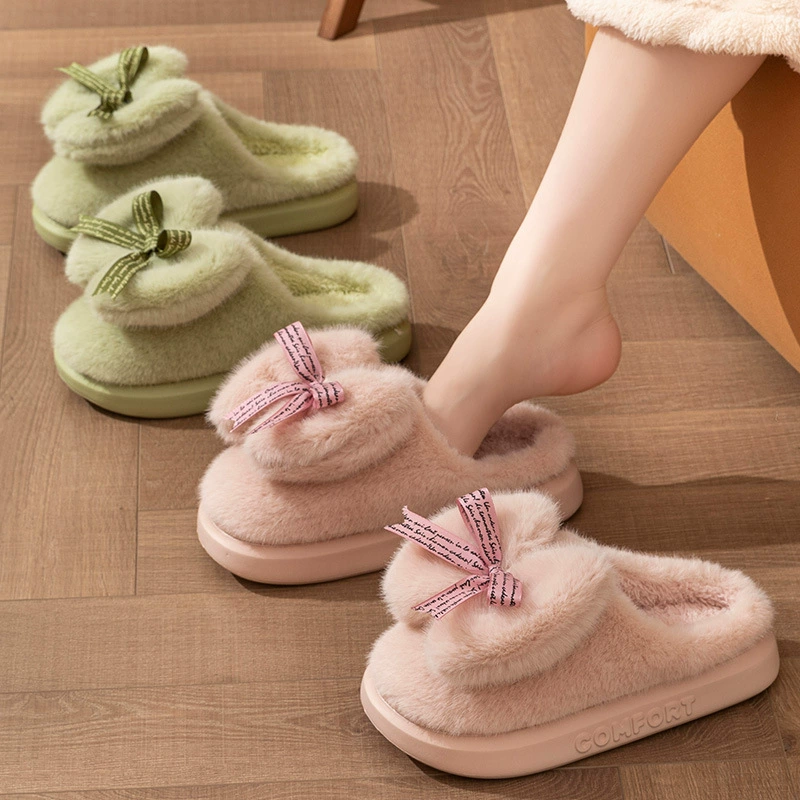 Новые женские домашние тапочки 2025 года на толстой подошве с бантом, меховые тапочки, теплые зимние тапочки на мягкой подошве