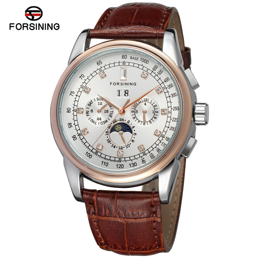 Forsining reloj mecánico automático de los hombres multifunción calendario semana volante mecánico reloj de pulsera reloj de ocio