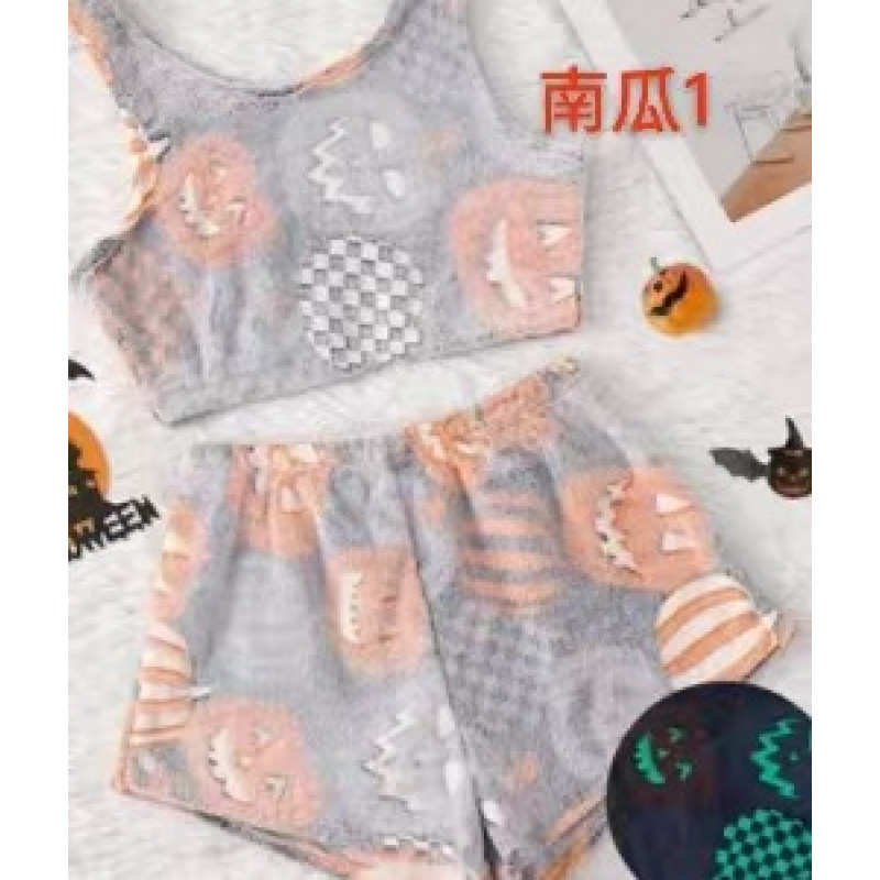 跨境亚马逊法兰绒夜光南瓜派对吊带睡衣女秋冬两件套保暖可爱套装|undefined