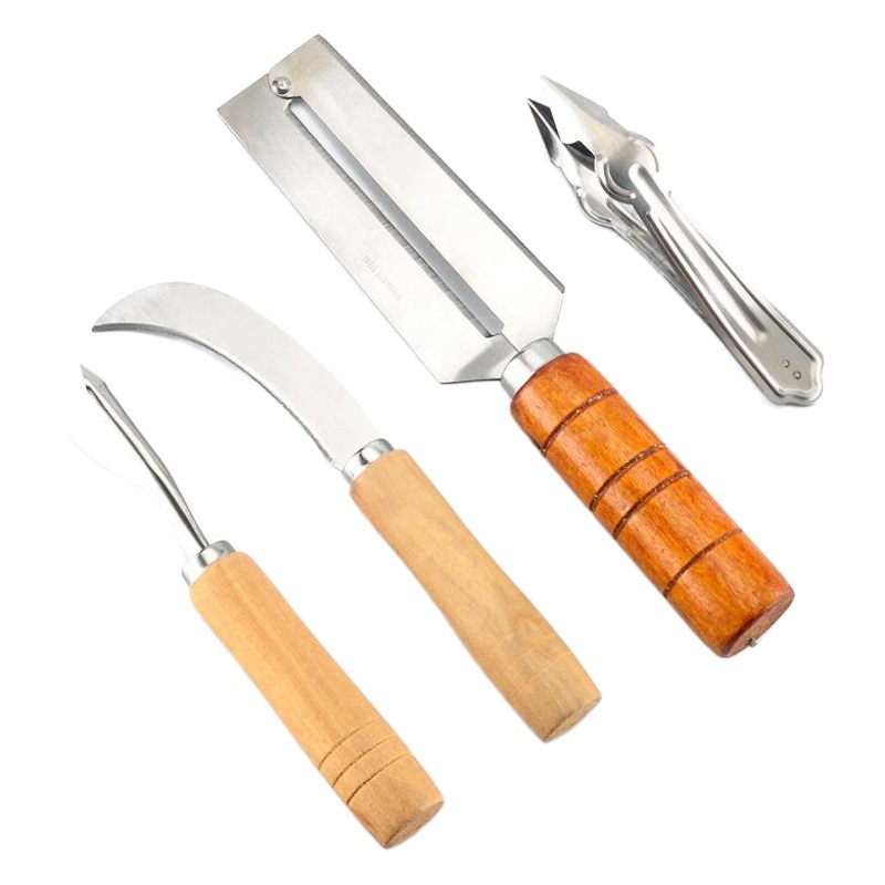 Traje de cuchillo de piña de acero inoxidable removedor de ojos clip de piña pala en forma de V cuchillo curvo pelador herramienta de piña de cuatro piezas