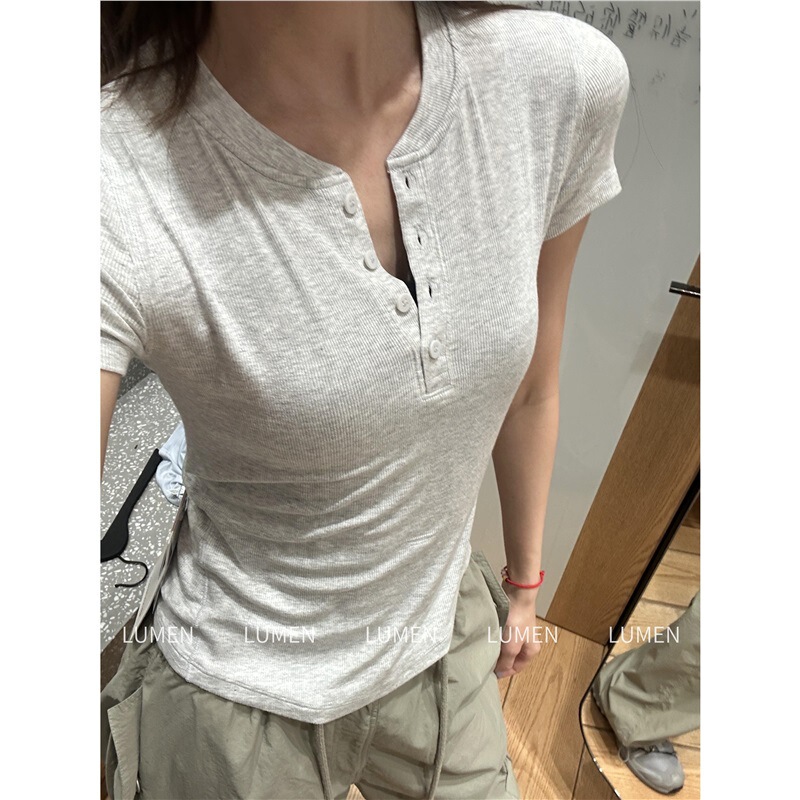 Lulu's Same Hold Tight Women's Slimming Look Threaded Short-Sleeved t Yoga Fitness Henley Shirt Base Layer