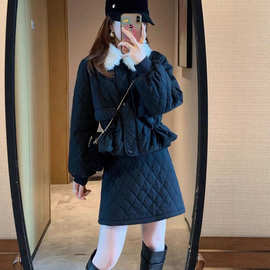 小香气质套装裙女秋冬时尚保暖短款棉服收腰外套半身裙两件套