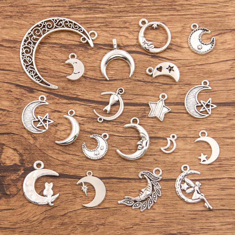 16 Cross-Border Creative DIY Alloy Jewelry Accessories Cut Out Round Angel Moon Pendants Natural Charm Pendants