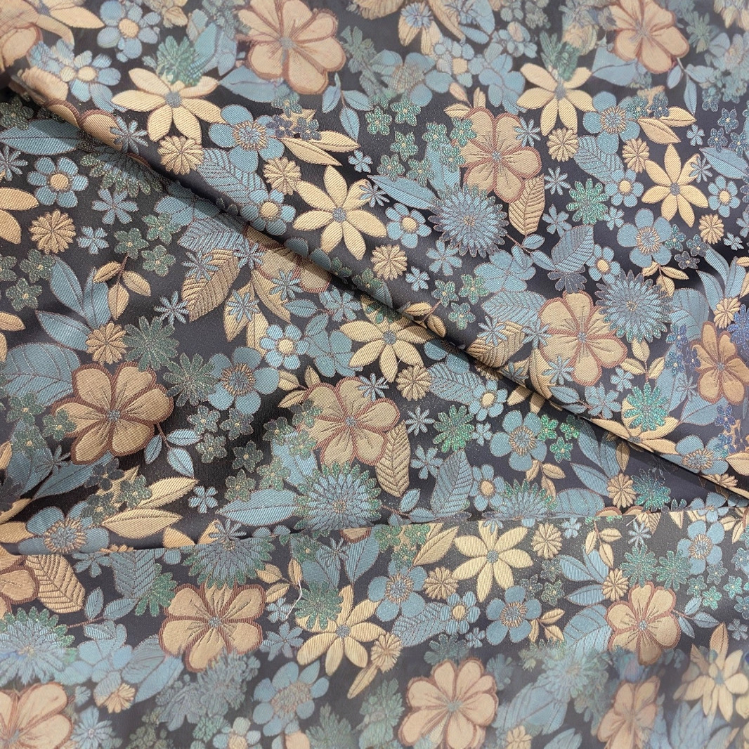 织锦缎提花丝绸面料旗袍童装娃衣汉服和服蒙古袍装饰灰小花布料