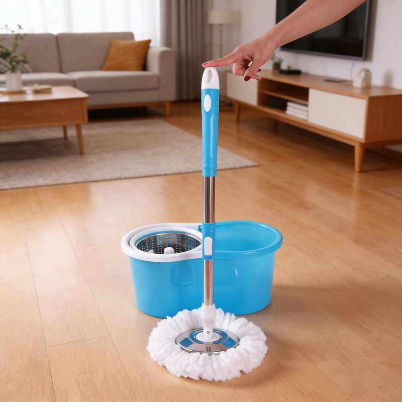 Foreign Trade Small Figure-Eight Bucket Steel Basket No-Wash Rotating Mop Set Lazy Mop One-Sweep Clean Round Mop with Bucket