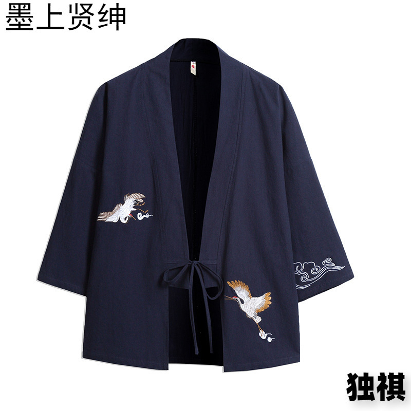 Primavera y verano estilo chino grulla bordada kimono cardigan tendencia masculina estilo antiguo estilo japonés chaqueta suelta taoísta traje masculino