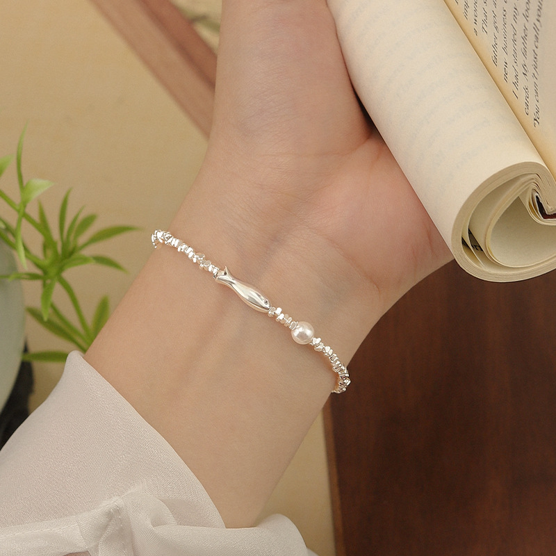 S925 Sterling Silver Small Fish Broken Silver Pearl Bracelet for Girls 2025 New Accessible Luxury Niche Exquisite Bracelet