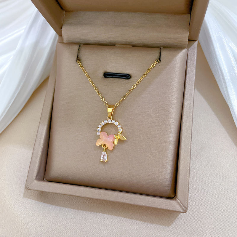 Perlen Schmetterling Diamant Halskette Elegante Kette Für Damen_voghion.com