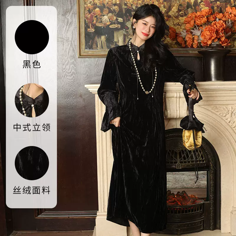 新中式连衣裙黑色长裙改良旗袍裙复古气质打底裙丝绒裙子旗袍改良