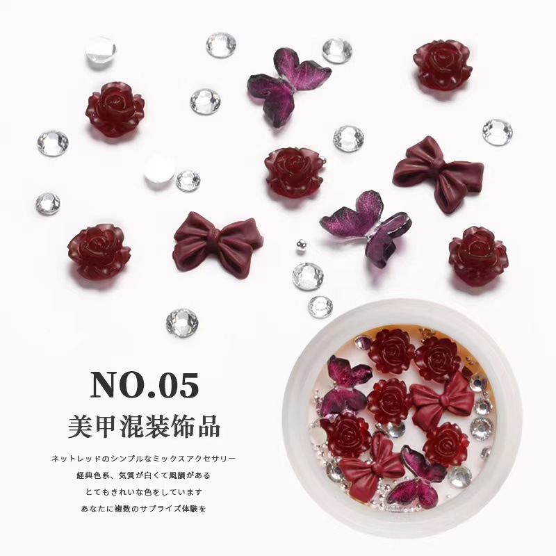 Manicura Nueva joyería retro negro Plum Salsa Camelia joyería arco perla clavo taladro conjunto caja