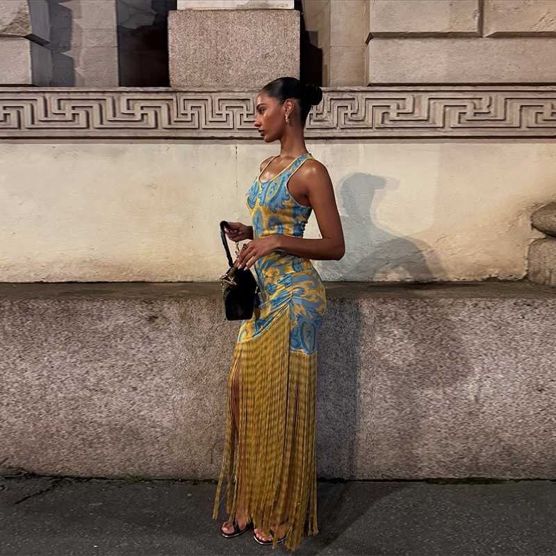 Tassel Printed Dress European and American Cross-Border 2025 Spring New Resort Style Suspender Dress