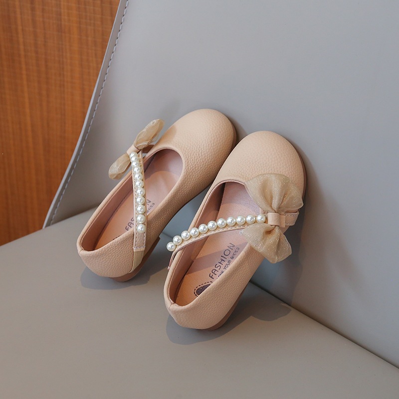 Prinzessinnen-Schuhe für Mädchen, Modell mit Perlenschleife, Slipper mit weicher Sohle, Lederschuhe, Frühling/Herbst_voghion.com