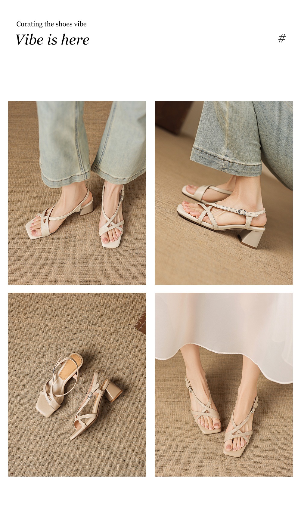 Sandal nữ hở mũi mũi vuông chất da dê, gót thô 5 cm, quai ngang một khóa, phong cách La Mã — màu be chi tiết 4