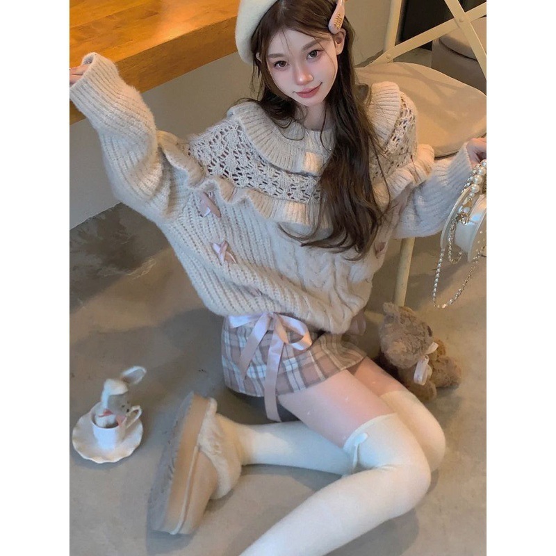 嗲甜美奈 冬装新款昭和千金甜美设计感针织毛衣格纹半裙显瘦套装|undefined