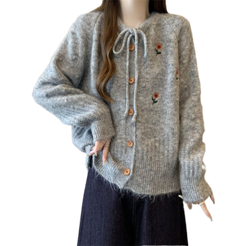 新しい小さな新鮮な刺繍花セーターコート人格ネックライン巾着ニットカーディガン女性|undefined