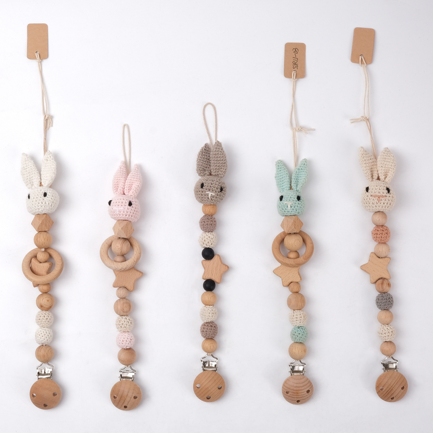 Baby Pacifier Chain Cartoon Animal Head Soothing DIY Teething Toy Pacifier Clip Beaded Little Rabbit Wooden
