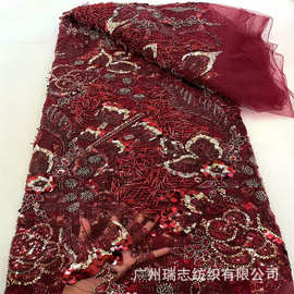 欧美风跨境外贸工厂多色长珠管亮片绣婚纱晚礼服设计师布面料lace