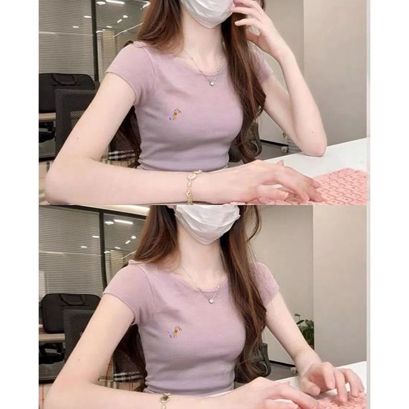2025新款夏季粉紫色纯棉短袖T恤女独特超好看辣妹修身显瘦上衣|undefined