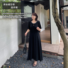 Shuangtian 2025 大きいサイズの女性のファットガールドレス夏のハイエンドブライトダイヤモンド中空襟ロングスカート Y-276A