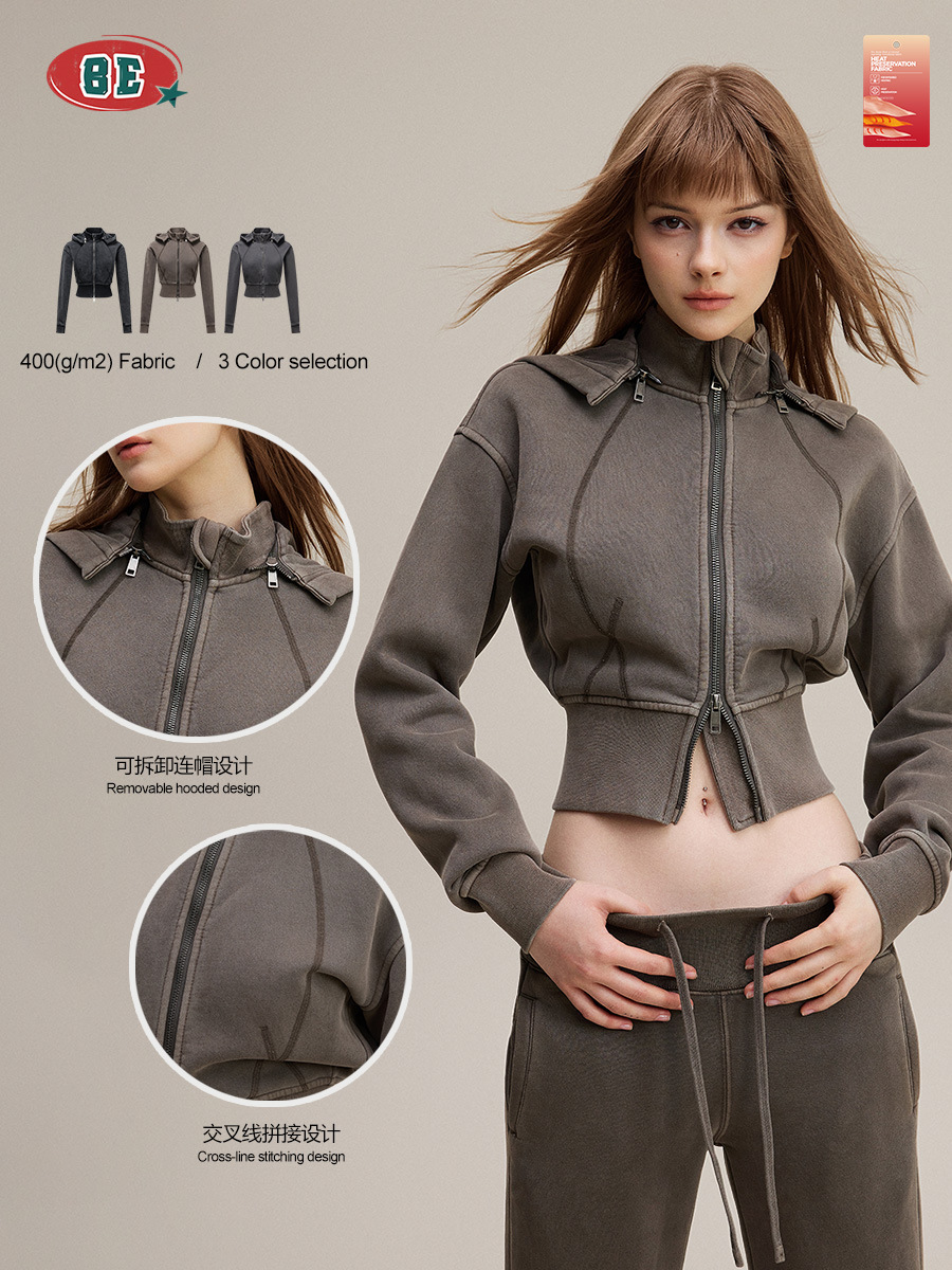 Ropa de mujer BE | Chaqueta Corta con Capucha Desmontable Estilo Retro Europeo y Americano Otoño 2025, Sudadera Lulu con Cierre y Cintura Ajustada para Mujer